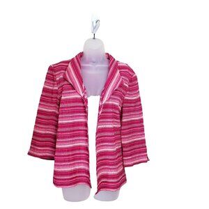 KORET Womens Blazer 16P Open front Sheer Panels Stripe 3/4 Sleeve Raspberry Plus
